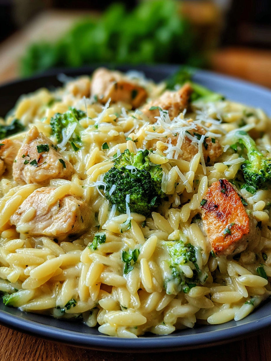A bowl of pasta with chicken and broccoli.