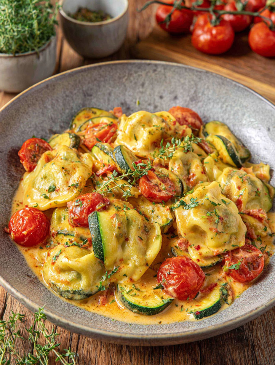 A plate of food with tomatoes and zucchini.