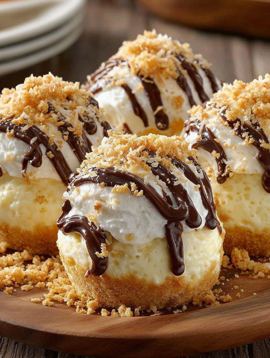 Three desserts with chocolate drizzles.