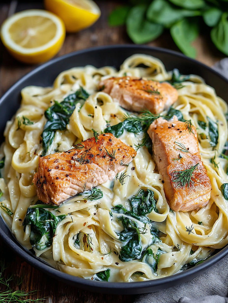 A bowl of pasta with salmon and spinach.