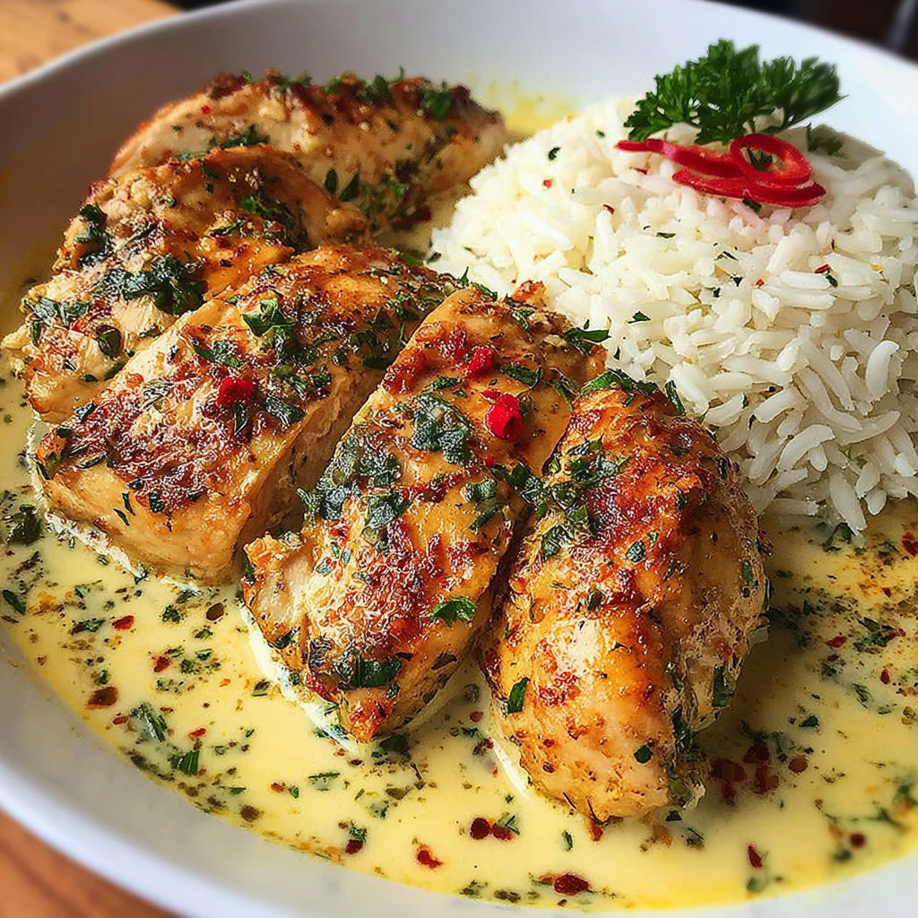 A plate of chicken with rice and herbs.