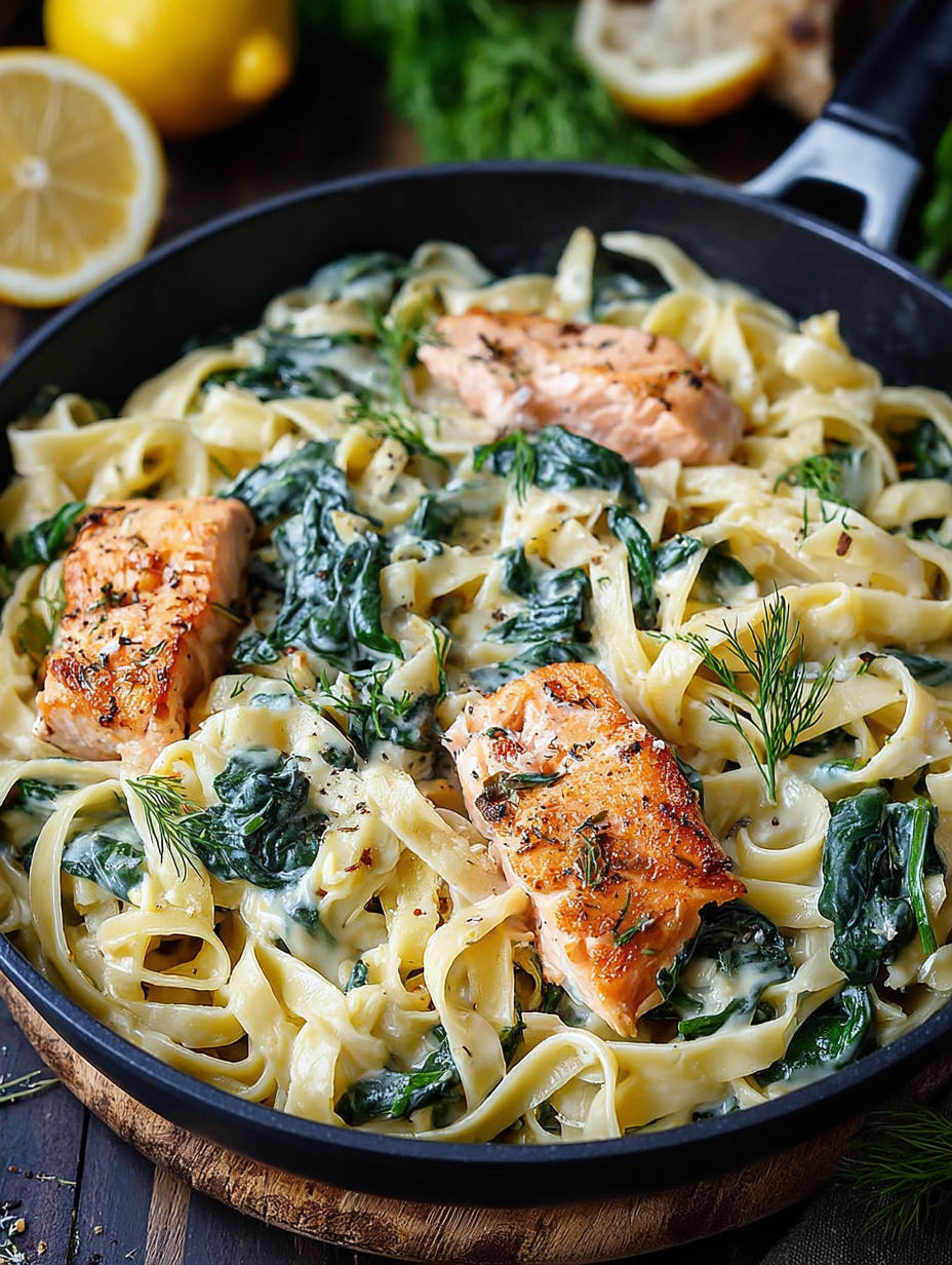 A bowl of pasta with salmon and spinach.