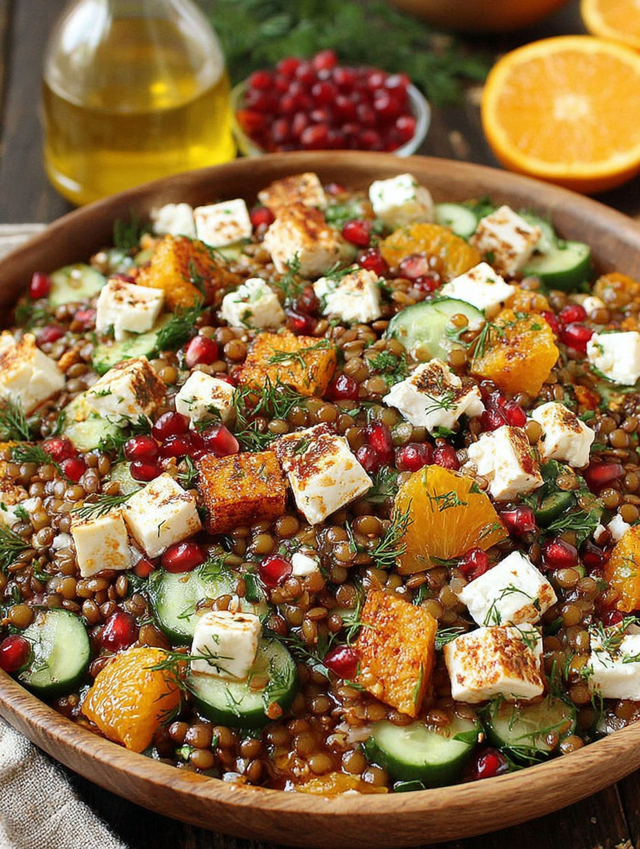 A bowl of food with feta cheese, cucumbers, and oranges.