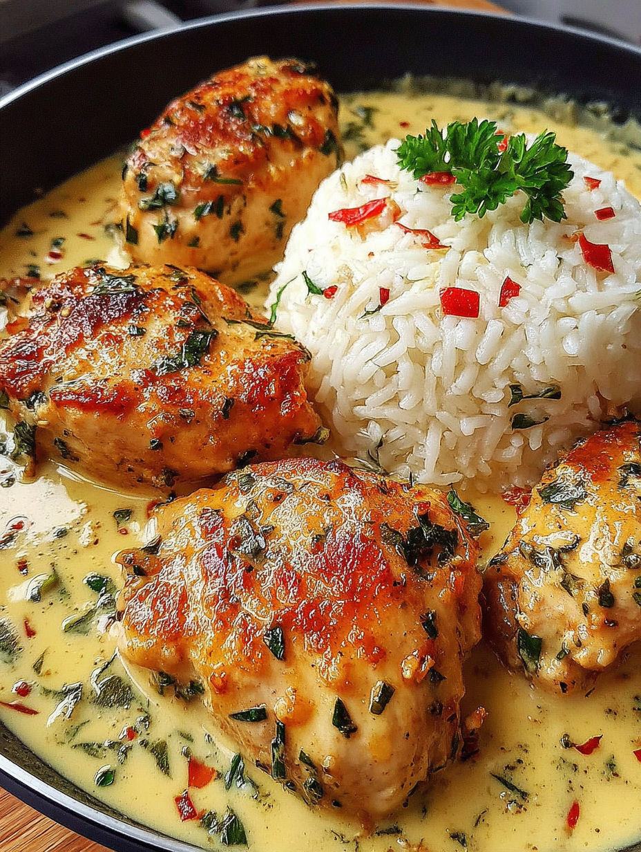 A plate of chicken with rice and sauce.