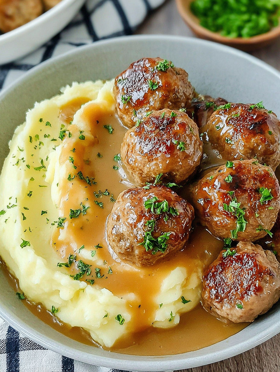 A plate of food with meatballs and mashed potatoes.