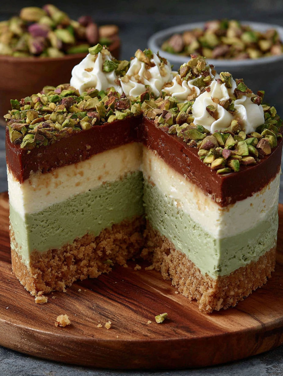A slice of pistachio and chocolate cake.