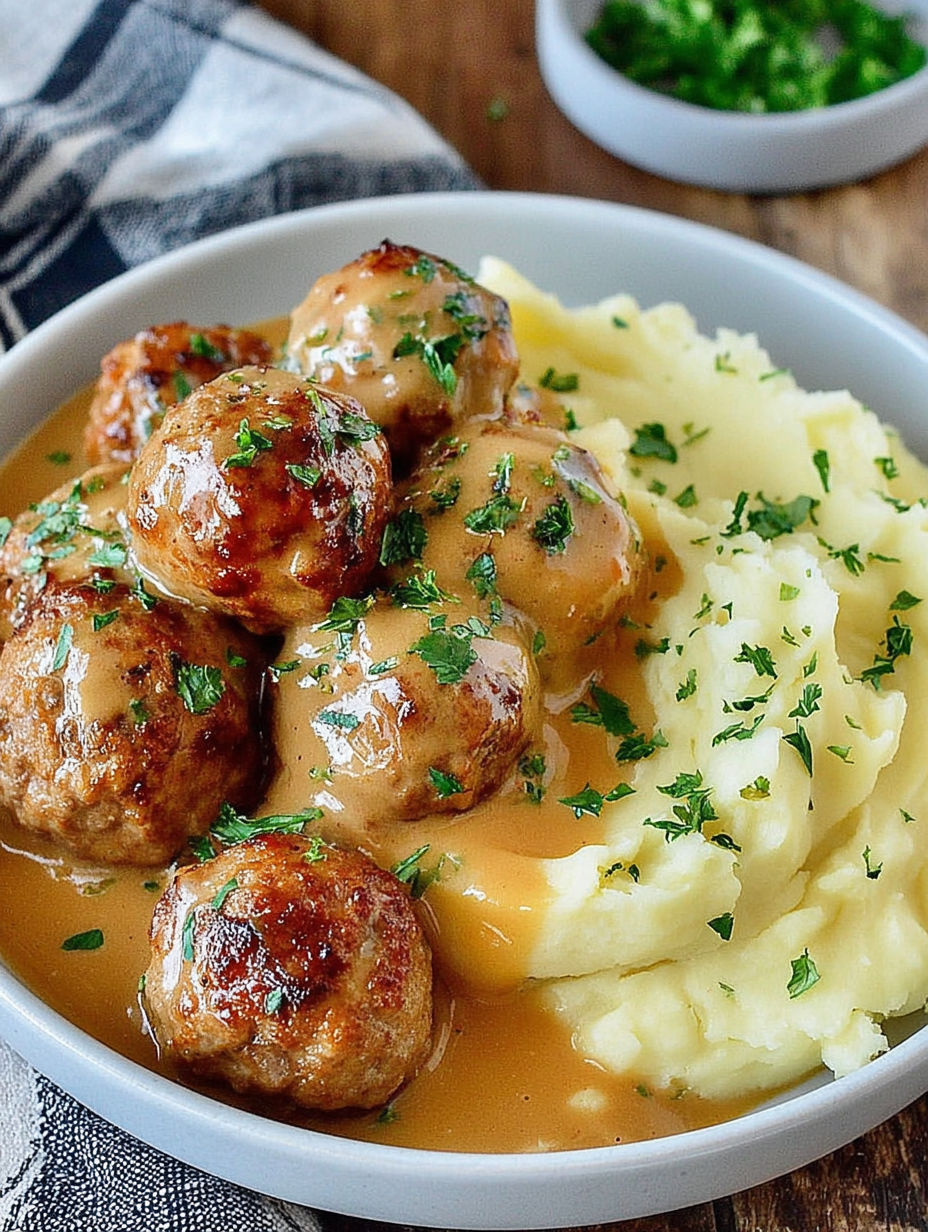 A bowl of meatballs and mashed potatoes.