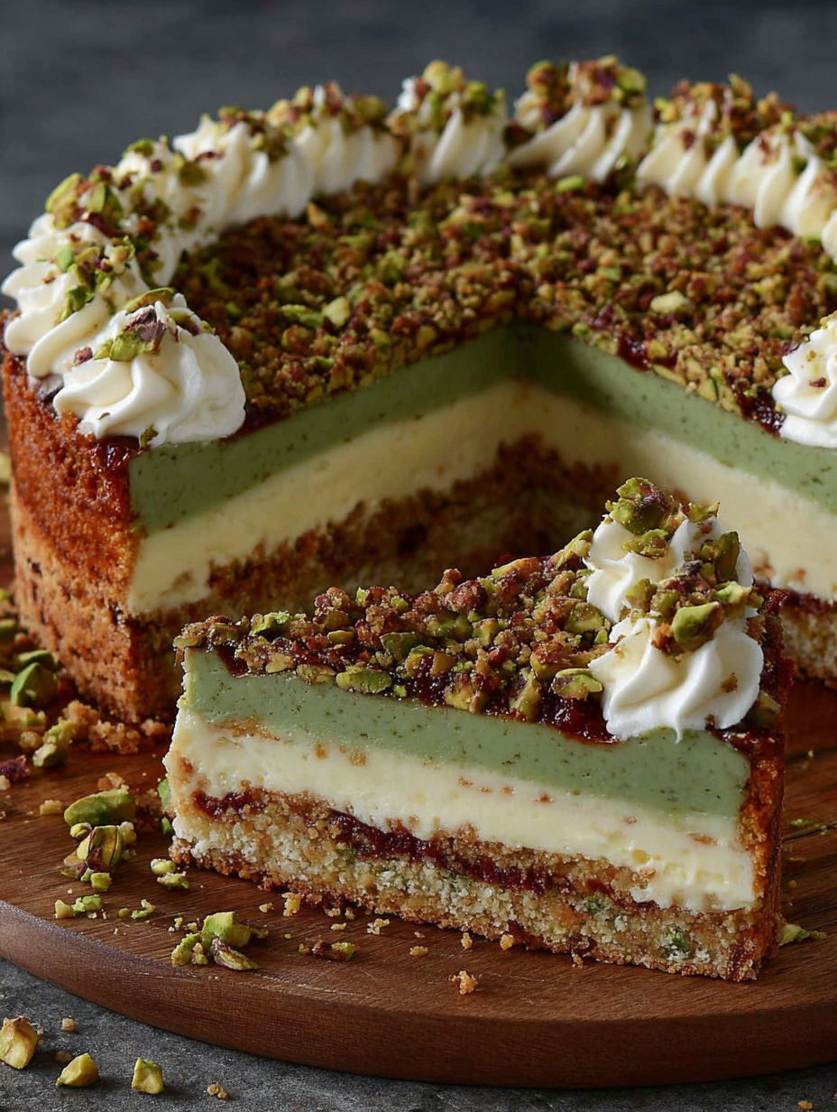 A slice of pistachio and cheese cake.
