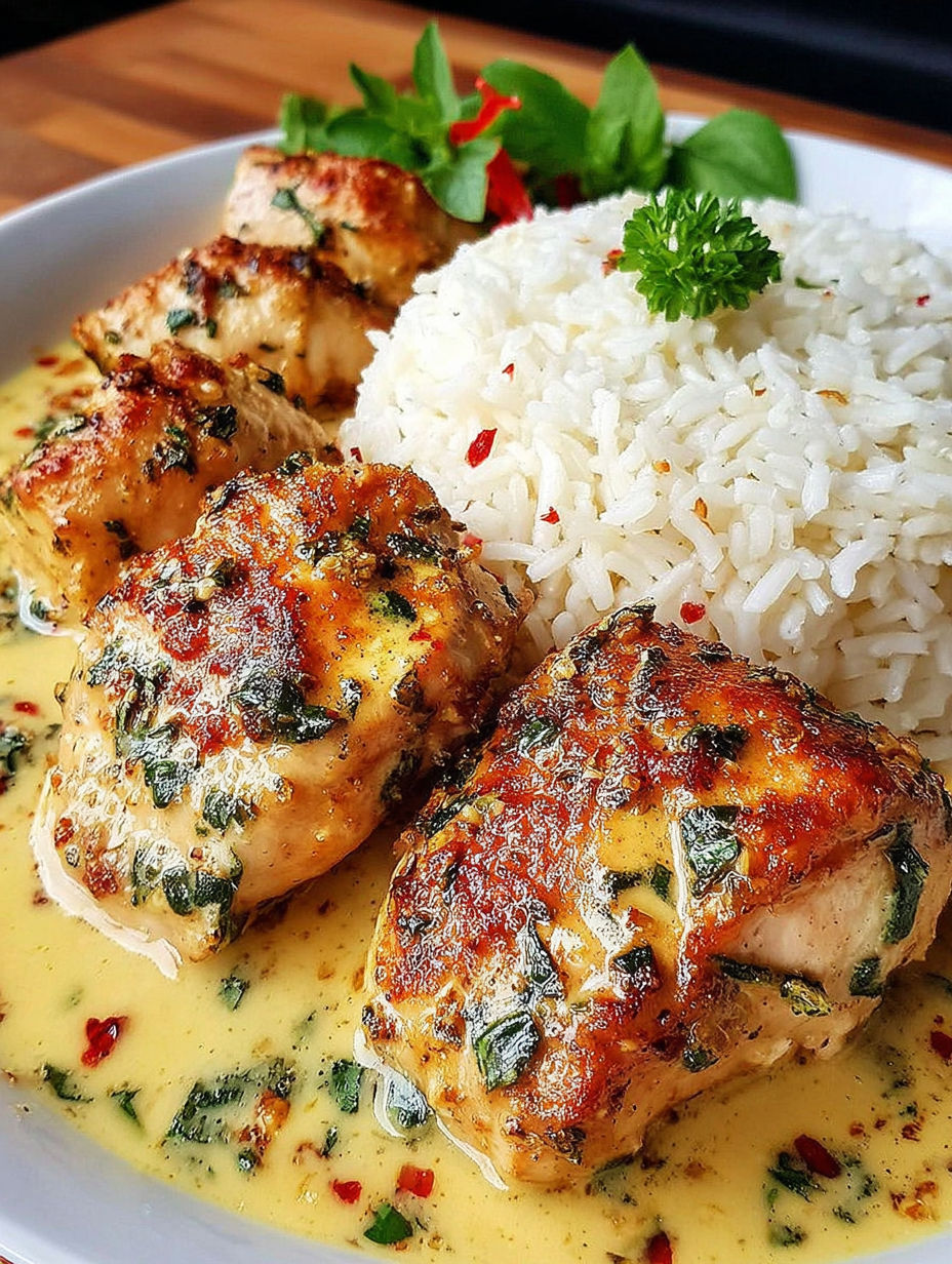 A plate of chicken with rice and sauce.
