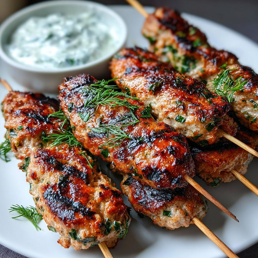 Grilled turkey skewers with a side of tzatziki sauce.