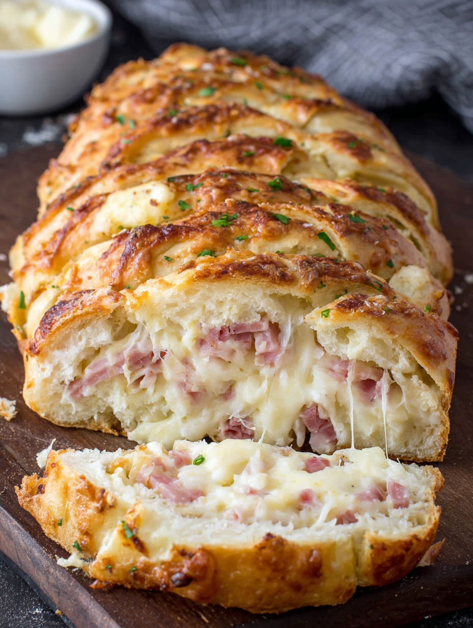 A slice of bread with ham and cheese.