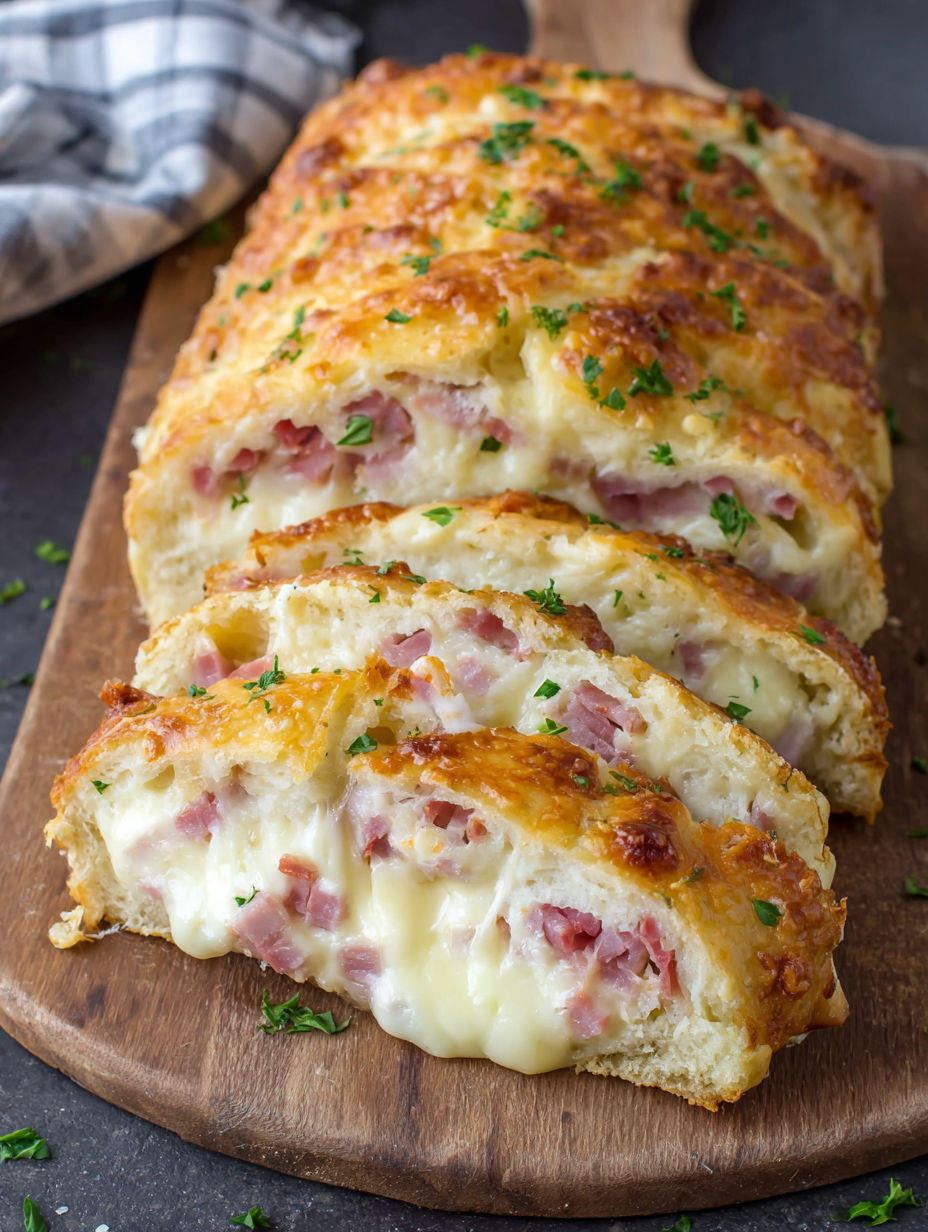 A slice of ham and cheese bread.