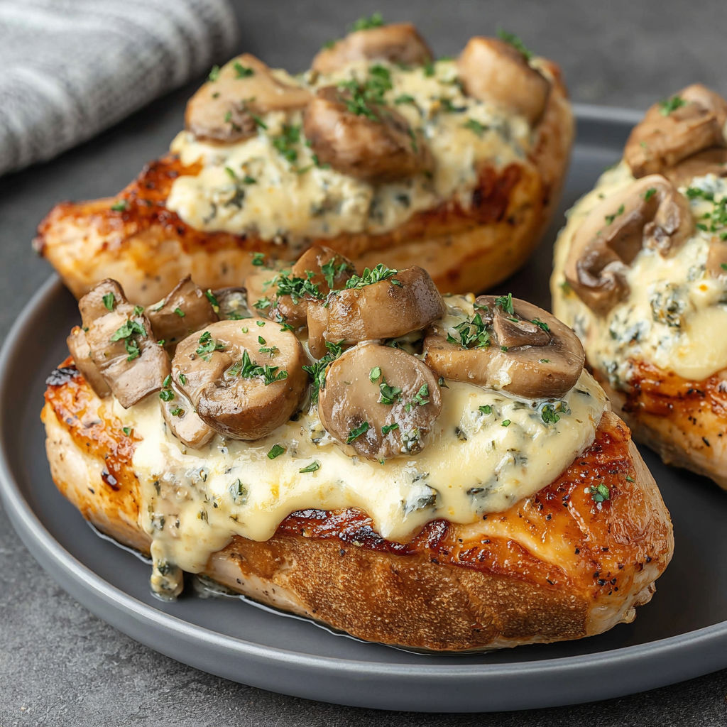 A plate of food with mushrooms and cheese on top.