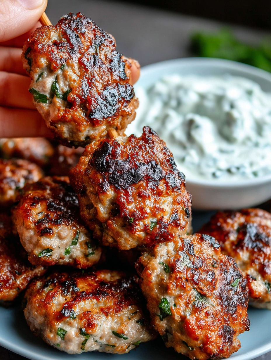 A person is holding a skewer of juicy grilled turkey kofta.