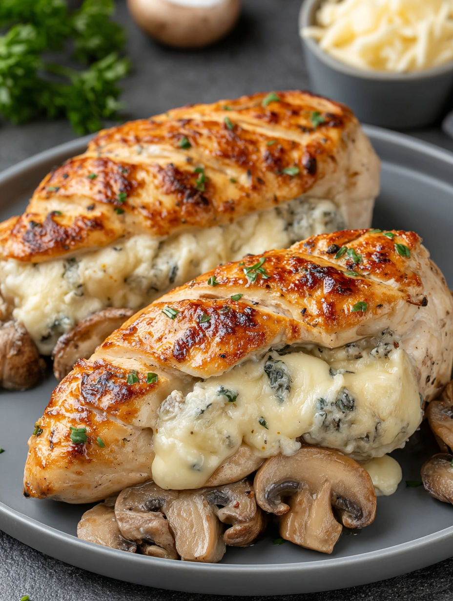 A plate of chicken with mushrooms and cheese.