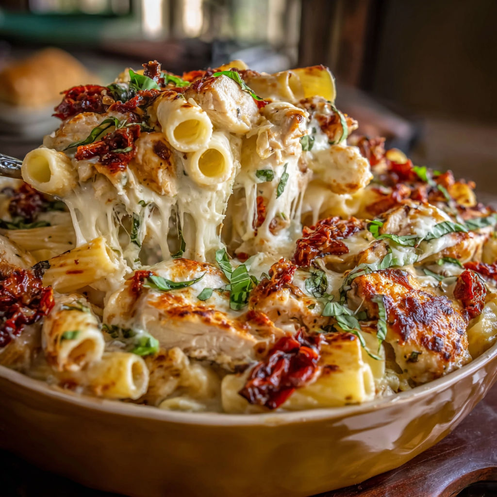 A delicious pasta dish with chicken and cheese.