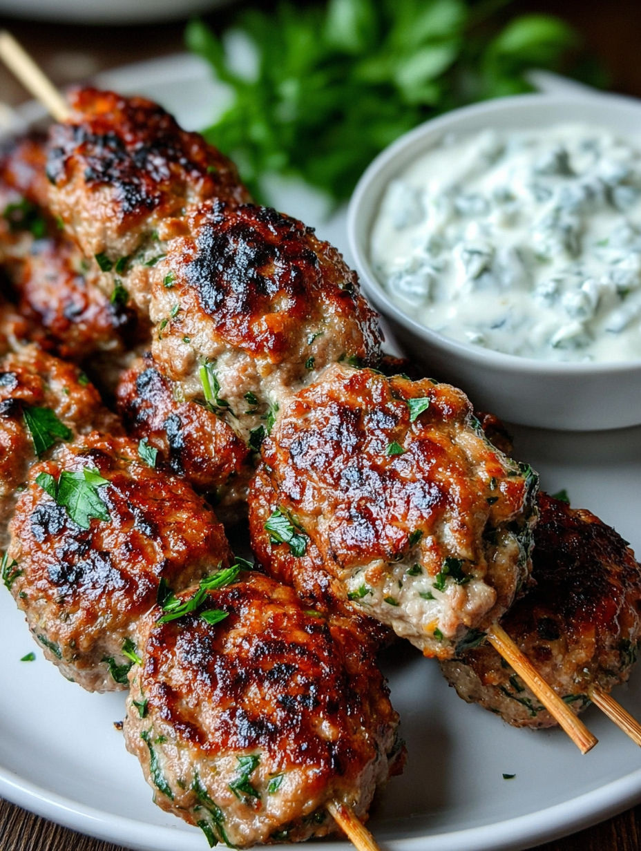 Grilled turkey skewers with a side of tzatziki sauce.