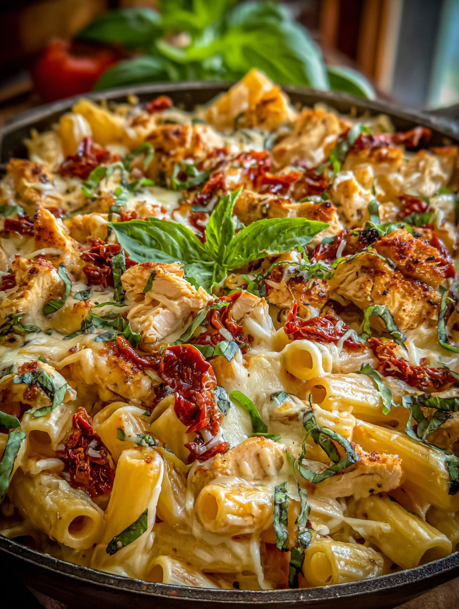 A delicious looking pasta dish with chicken and spinach.