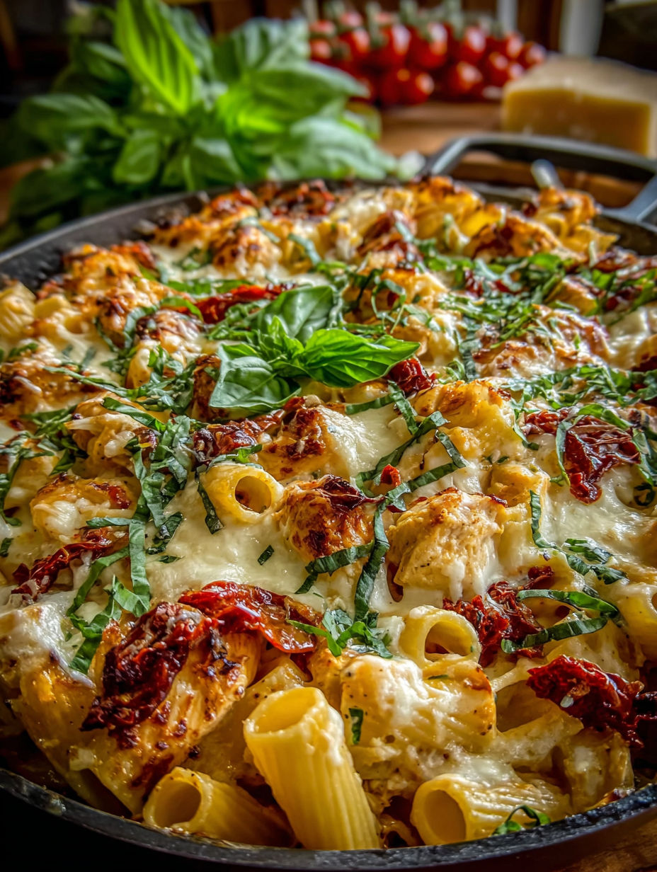 A delicious looking pasta dish with cheese and tomatoes.