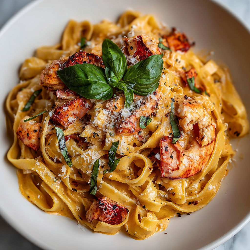 A bowl of creamy tomato and lobster pasta.