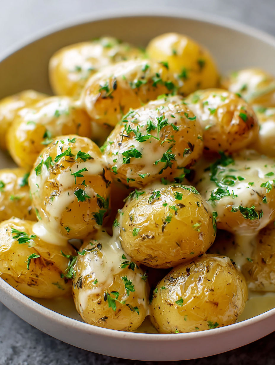 A bowl of potatoes with herbs and sauce.