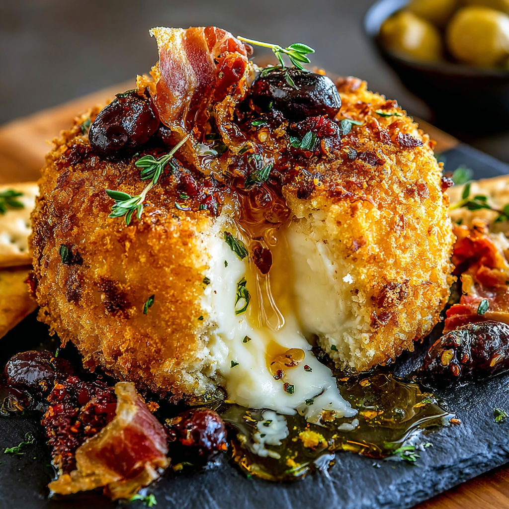 A gourmet appetizer with crispy fried brie, pepper honey, warm lemons, herb olives and prosciutto.