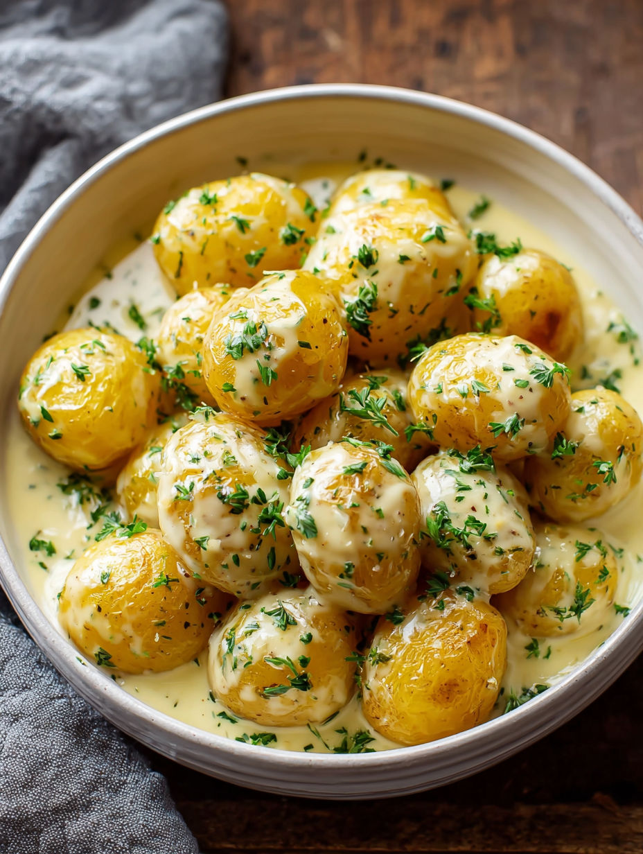 A bowl of potatoes with herbs and sauce.