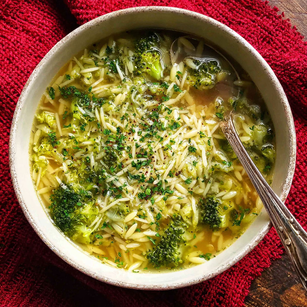 A bowl of soup with broccoli and garlic.