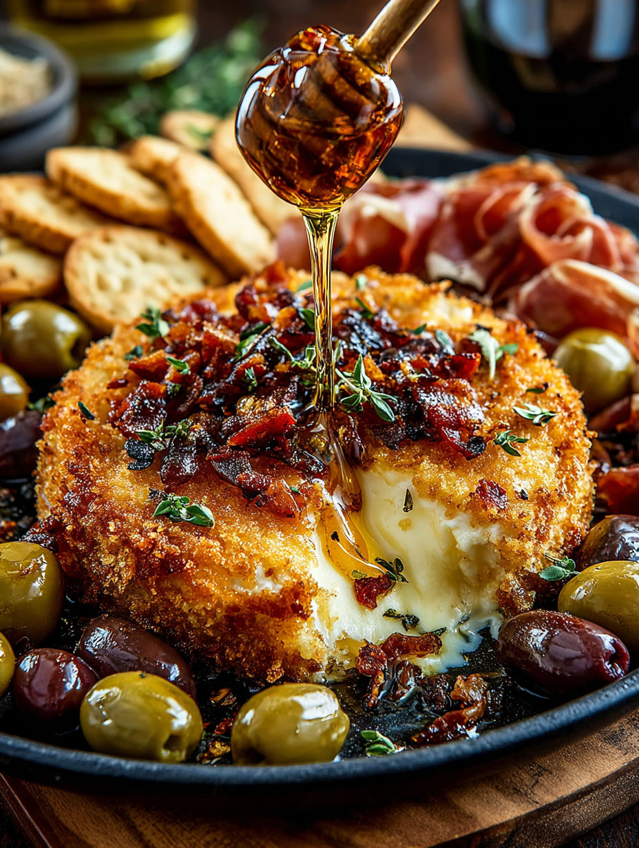 A plate of food with a fried cheese dish, olives, and prosciutto.