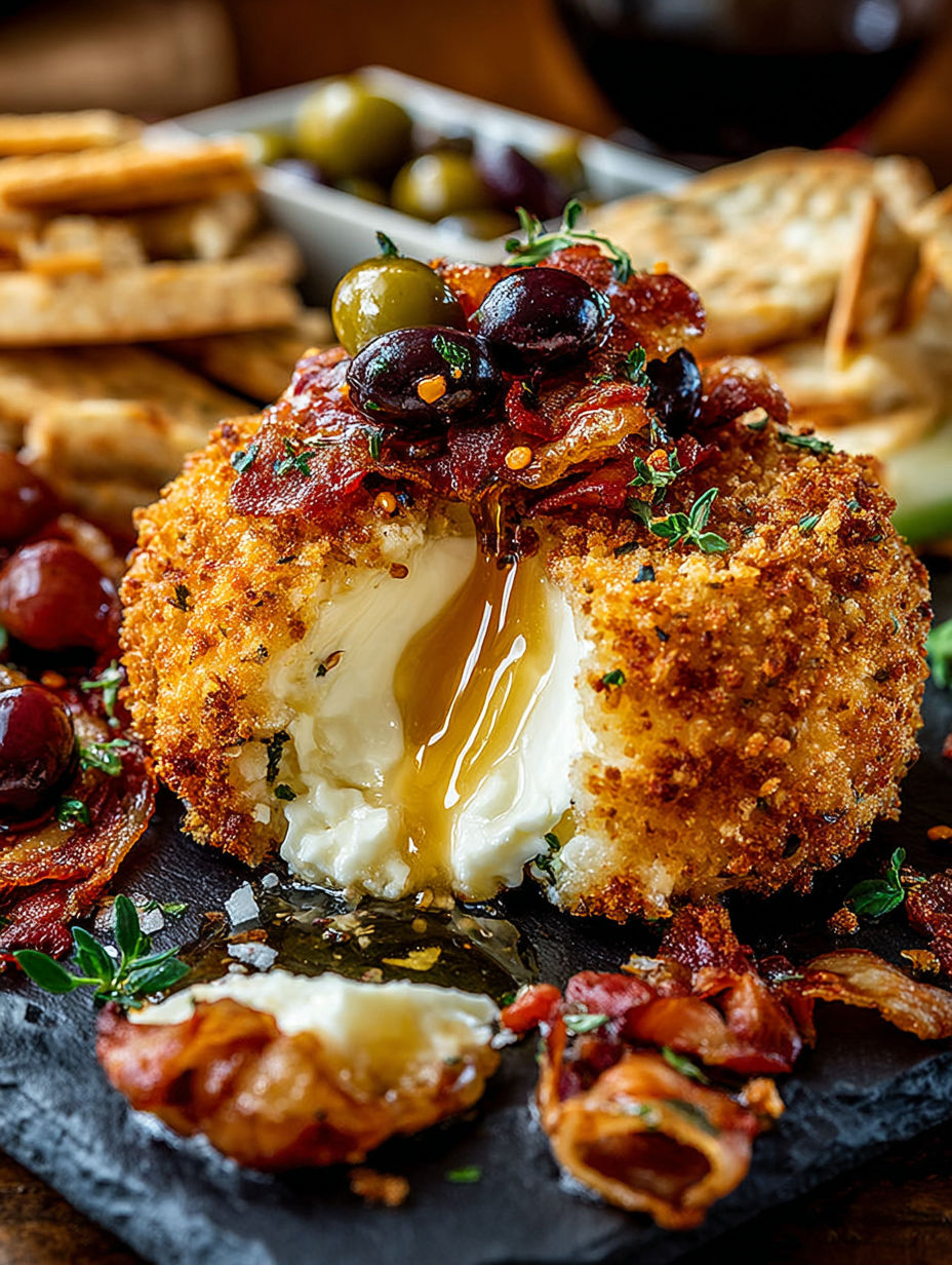 A gourmet appetizer with crispy fried brie, warm lemon-herb olives, and prosciutto.