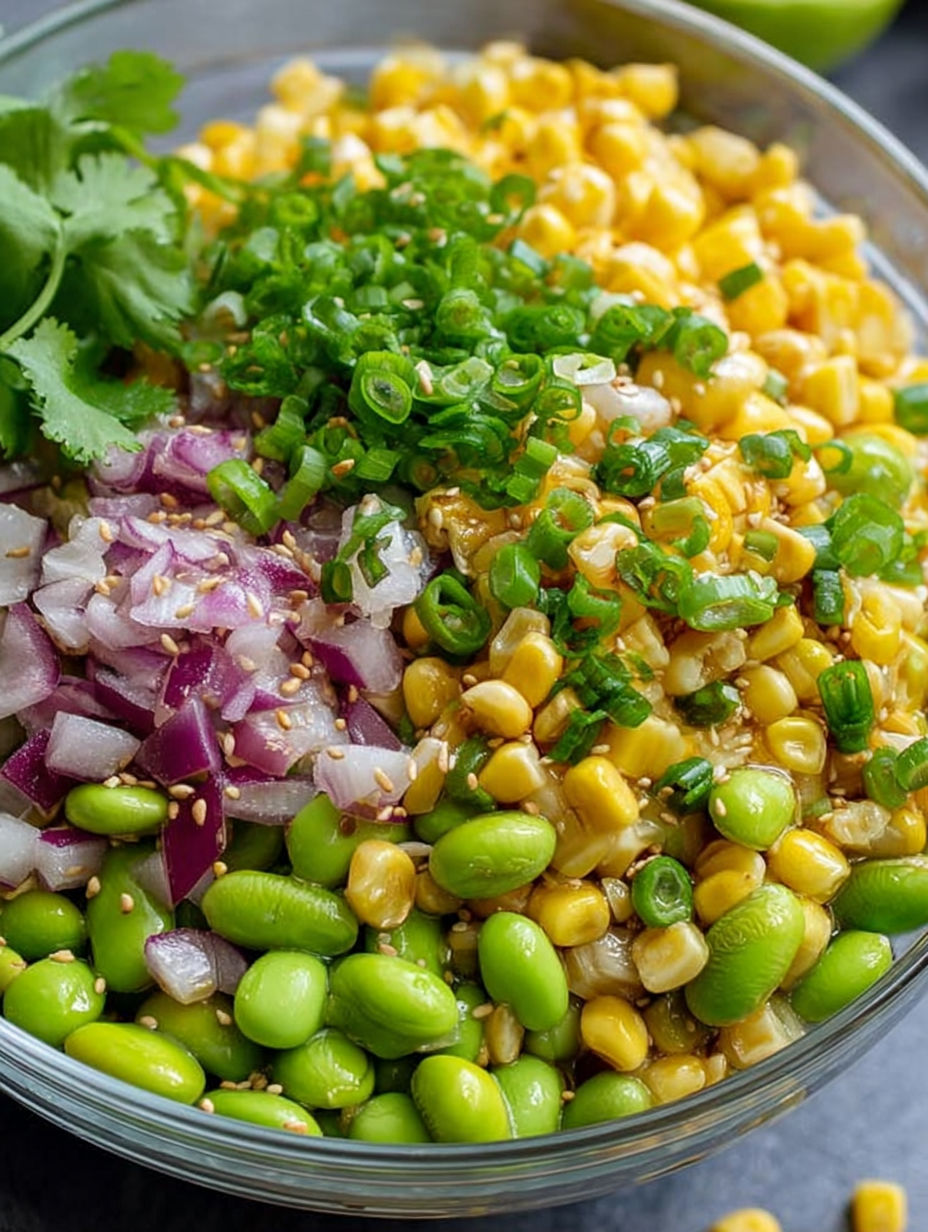 A bowl of food with onions, corn, and green beans.