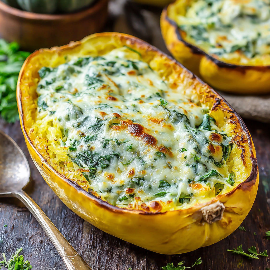 A close up of a cheesy garlic parmesan spinach spaghetti squash.