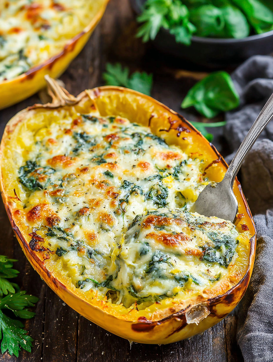 A close up of a baked dish with cheese and spinach.