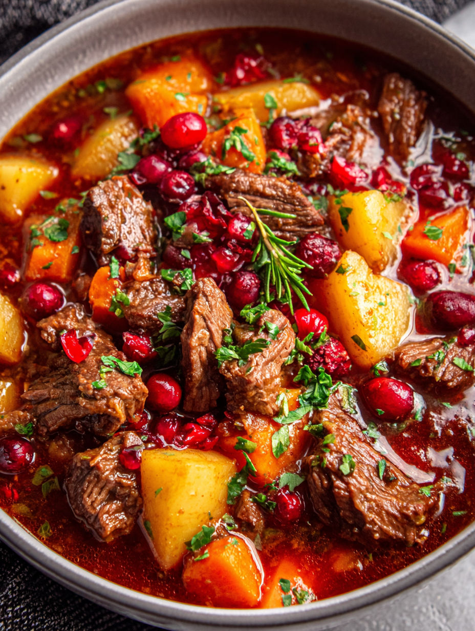 A bowl of beef stew with vegetables.