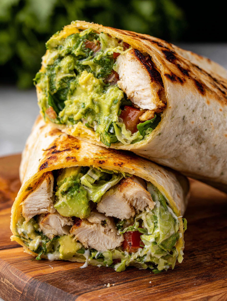 A burrito with chicken and avocado.