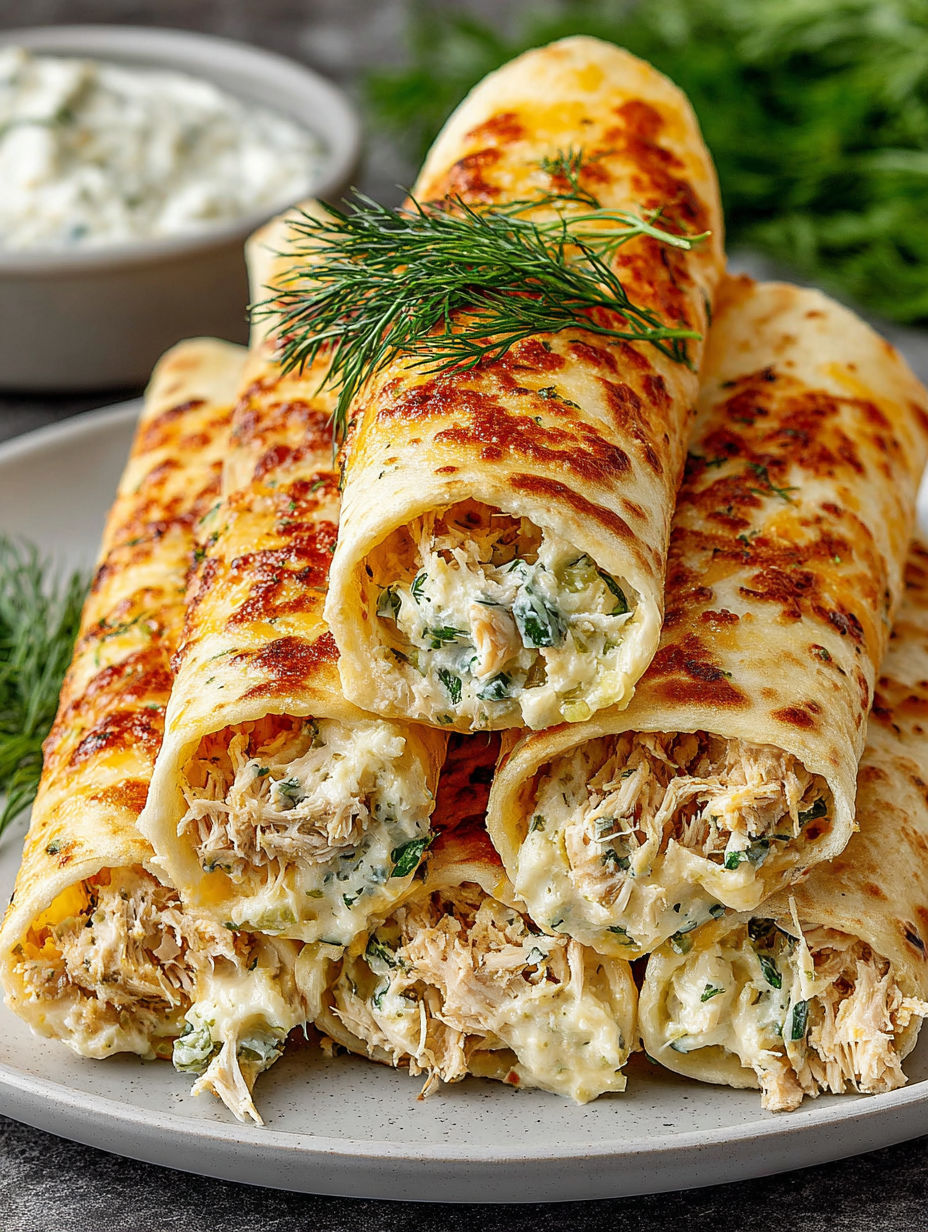 Dill pickle ranch chicken taquitos on a plate.