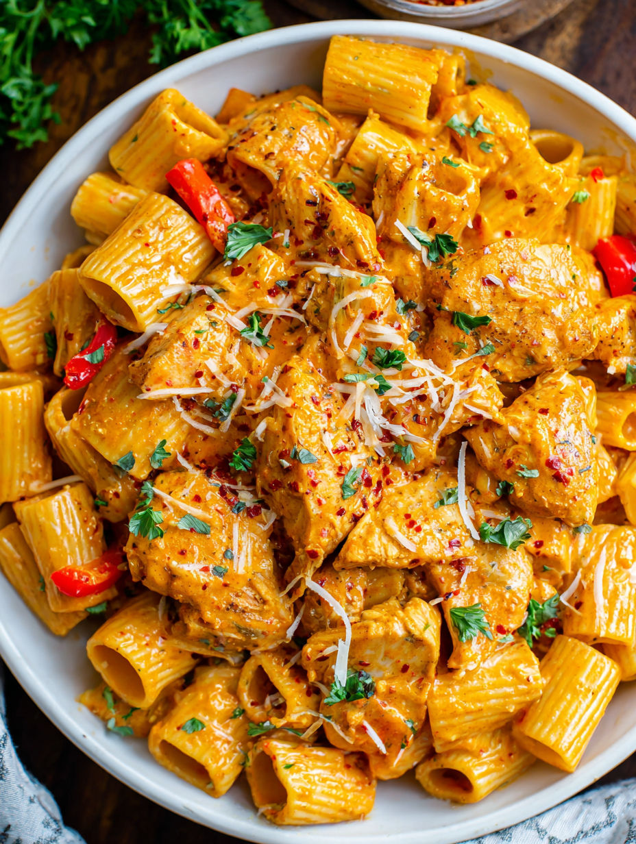 A bowl of pasta with chicken and cheese.