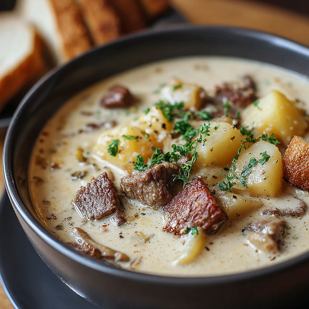 A bowl of creamy steak and potato soup.