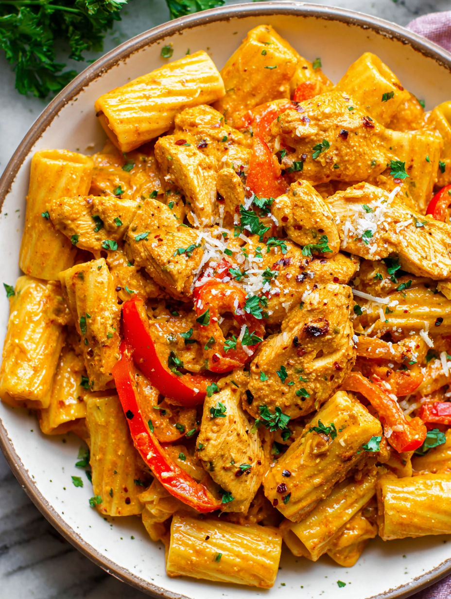 A plate of pasta with chicken and tomatoes.