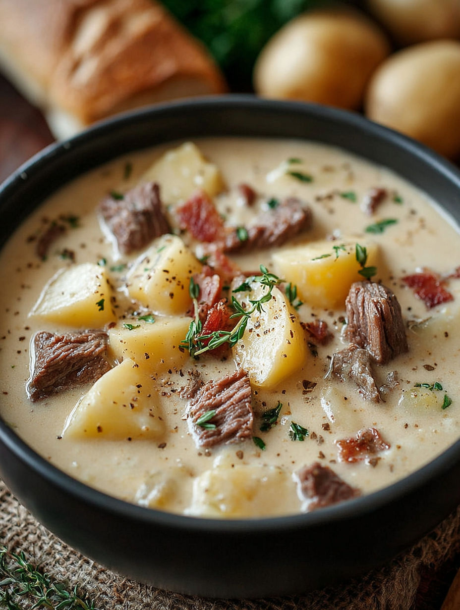 A bowl of steak and potato soup.