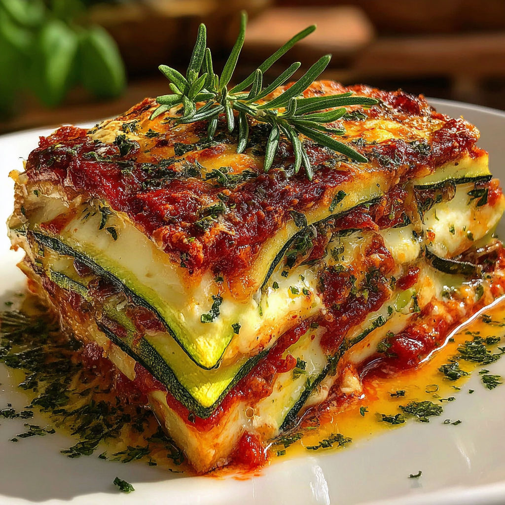 A stack of zucchini lasagna on a plate.
