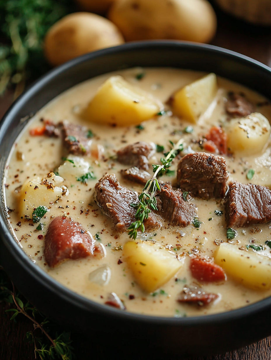 A bowl of steak and potato soup.