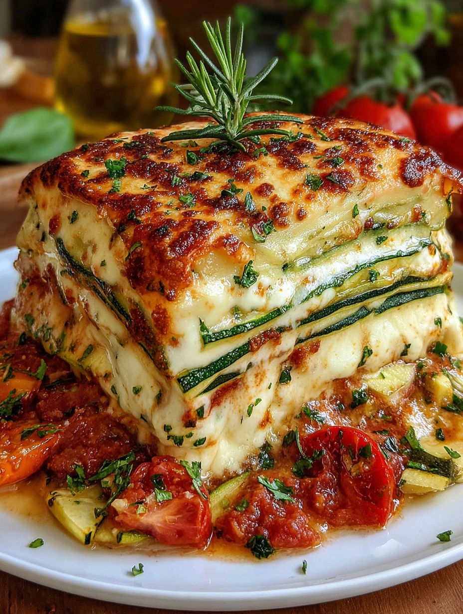 A stack of zucchini lasagna on a plate.