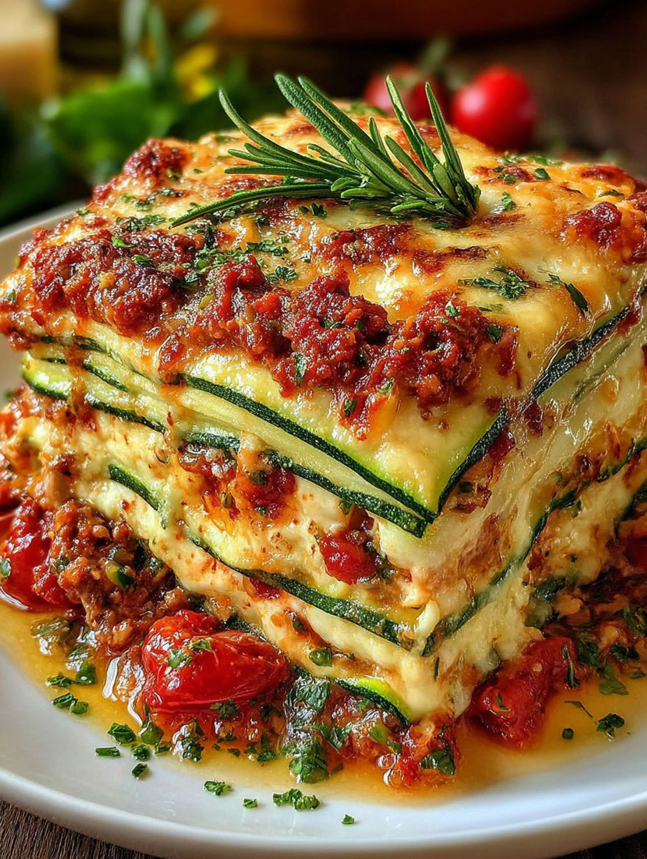 A plate of food with a zucchini lasagna on it.