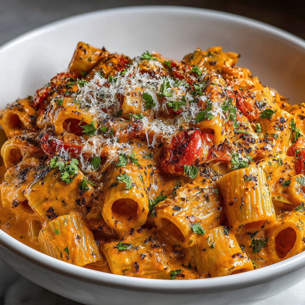A bowl of creamy tomato garlic pasta.