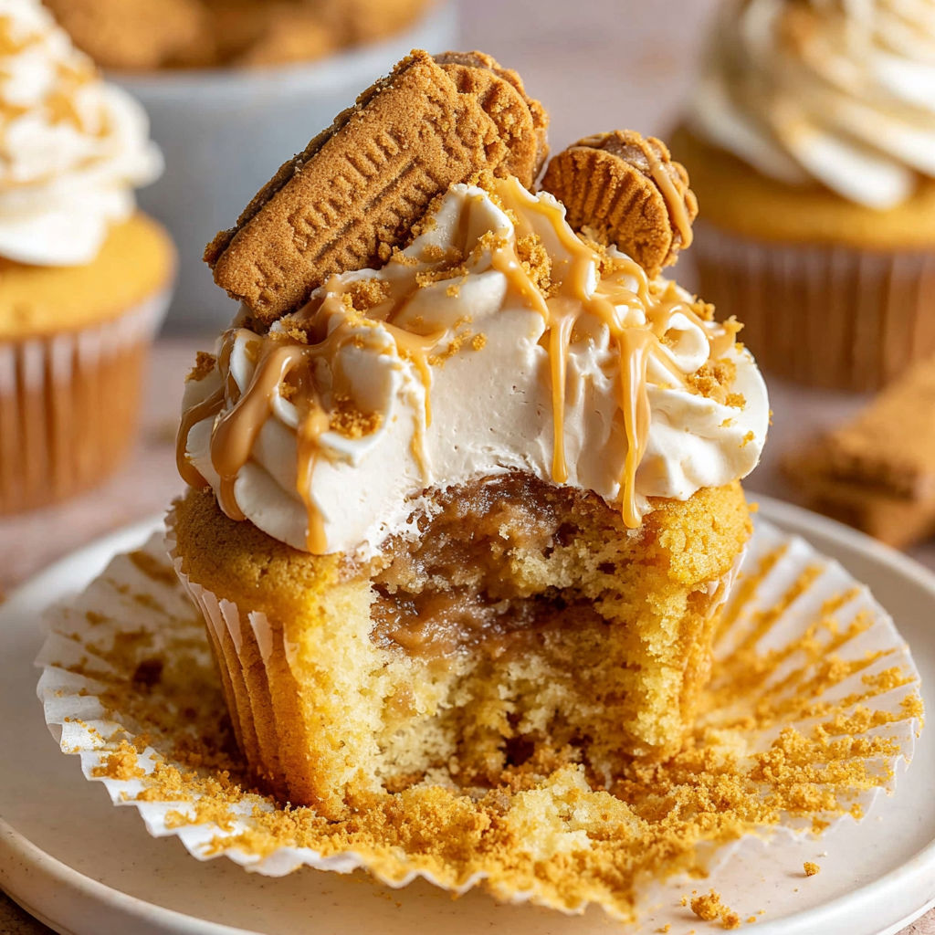 A cupcake with a cookie on top.