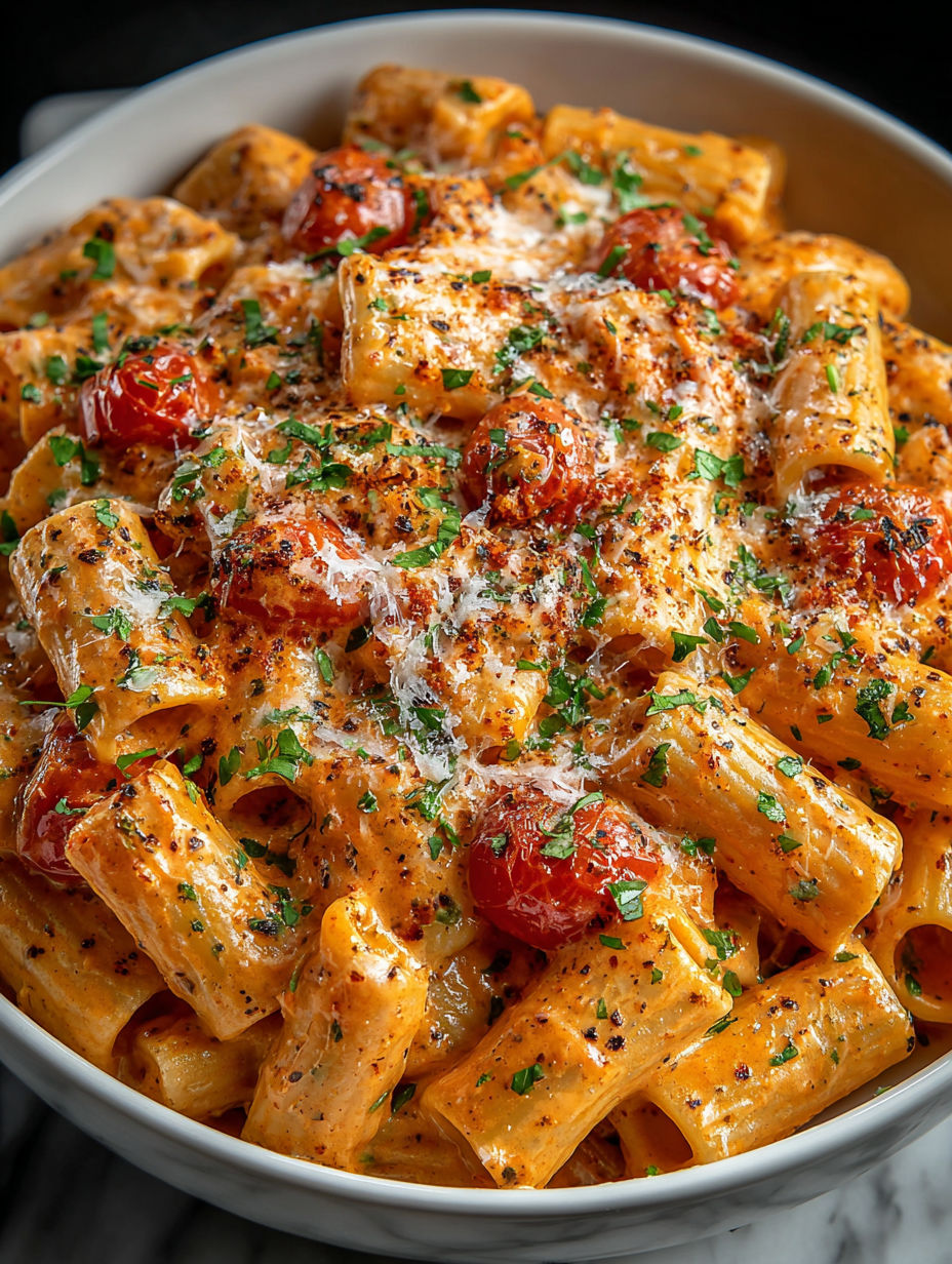 A bowl of pasta with tomatoes and cheese.