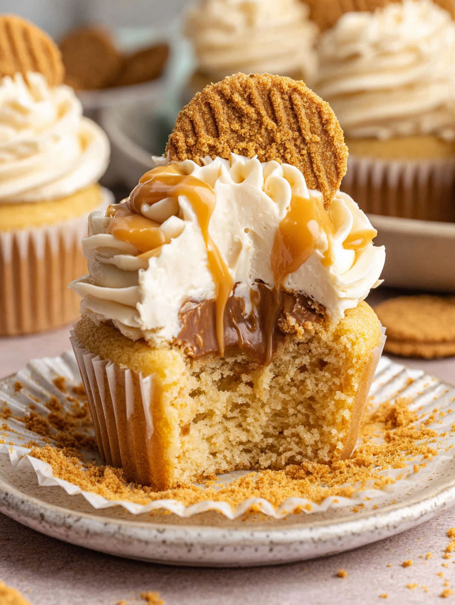 A cupcake with white frosting and caramel drizzle.