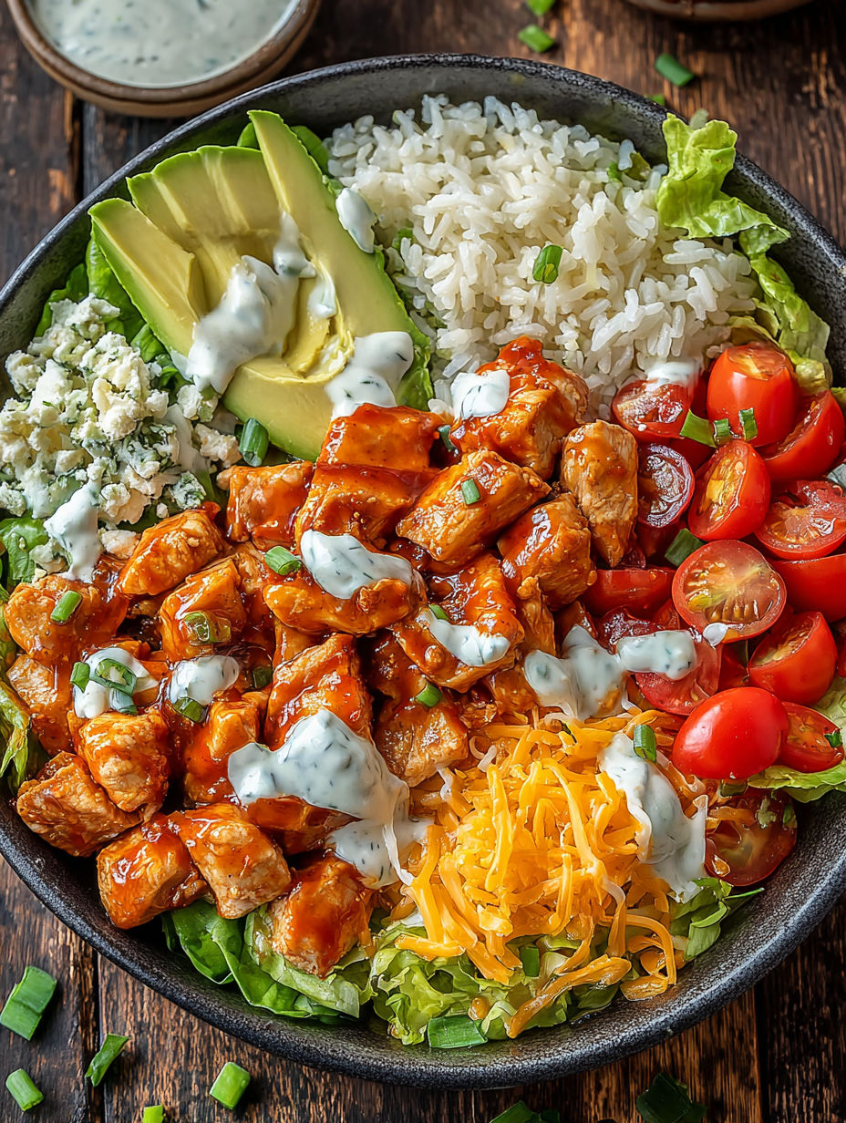 A bowl of chicken with rice and cheese.