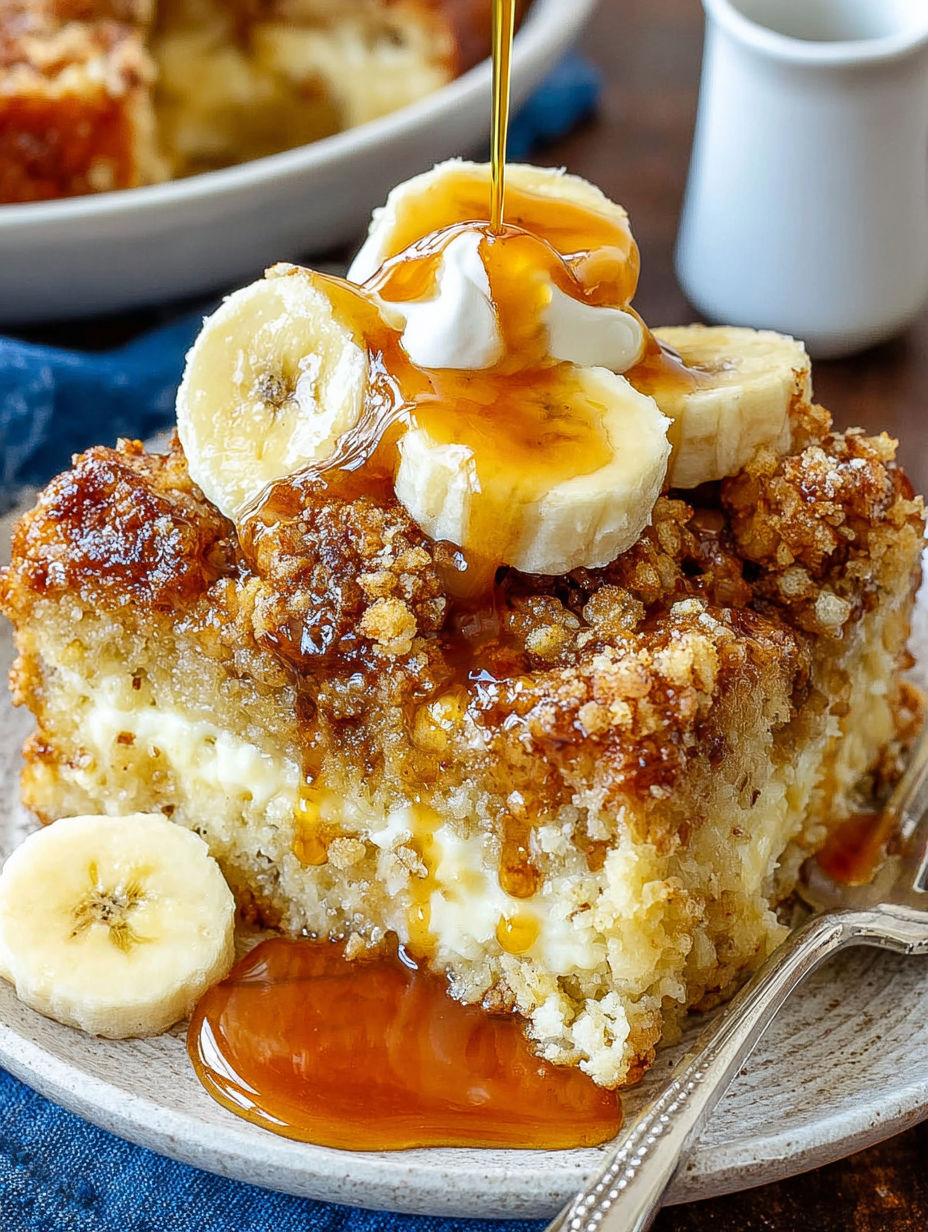 A dessert with bananas and syrup.